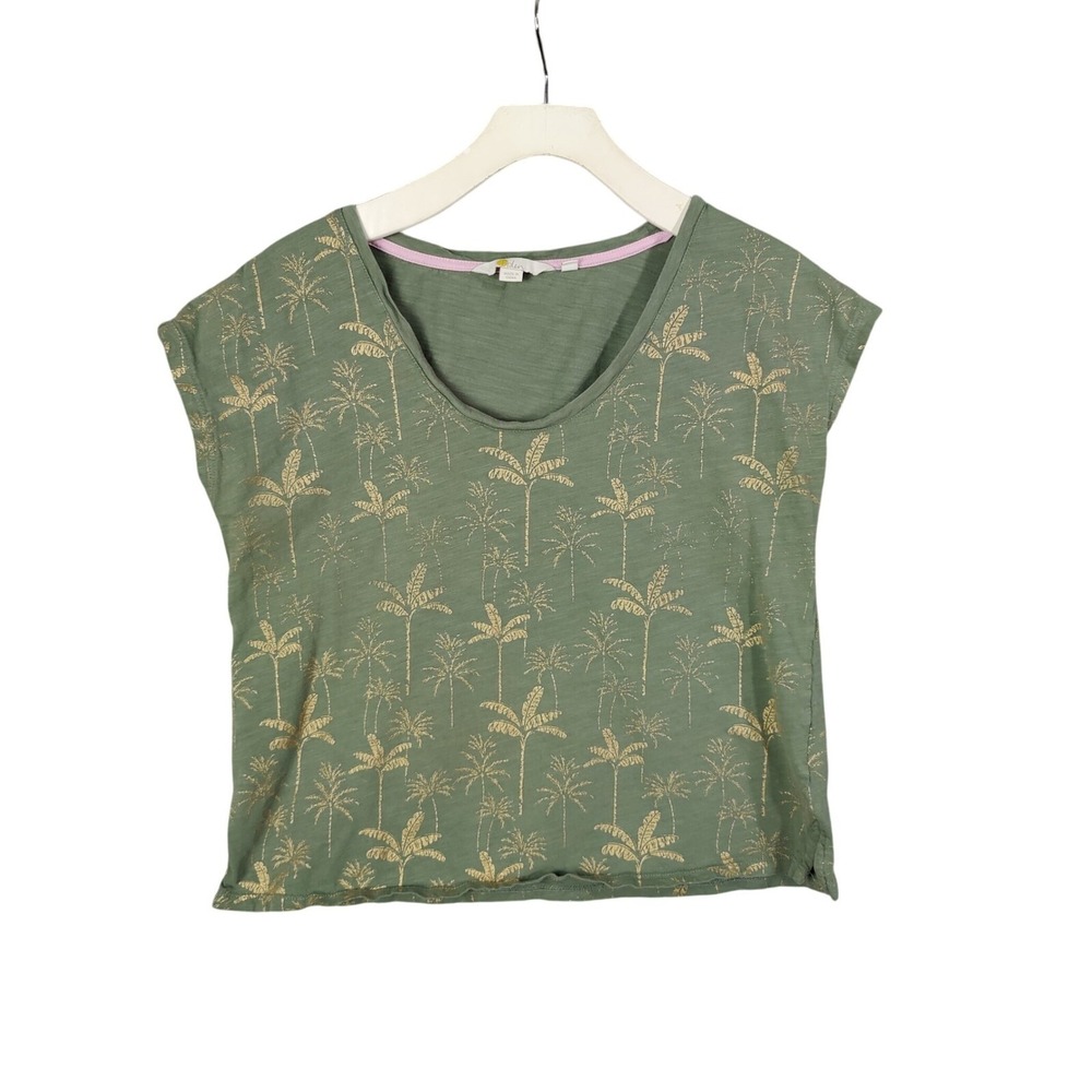 Boden Womens Earthy Tropical Coastal Palm Tee S Green Gold Metallic Cotton Top